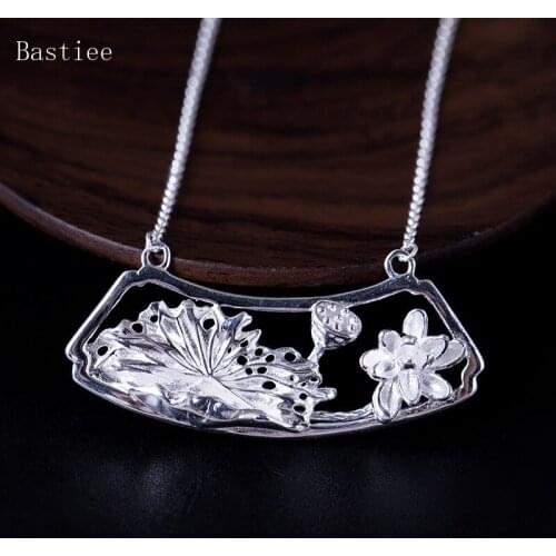 Bastiee 925 Sterling Silver Necklace Pendant For Women Lotus Flower Jewelry Ethnic Link Chain