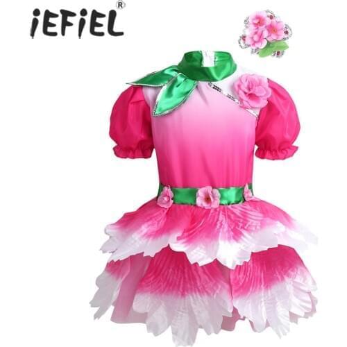 Kids Girls Modern Dance Costume Latin Salsa Contemporary Ballroom Stage Dancewear Flower Cosplay Costume Leotard Mesh Tutu Dress