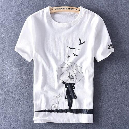Spring and summer new short-sleeved linen men t-shirt fashion printed stretch cotton brand t shirt men round neck tshirt male