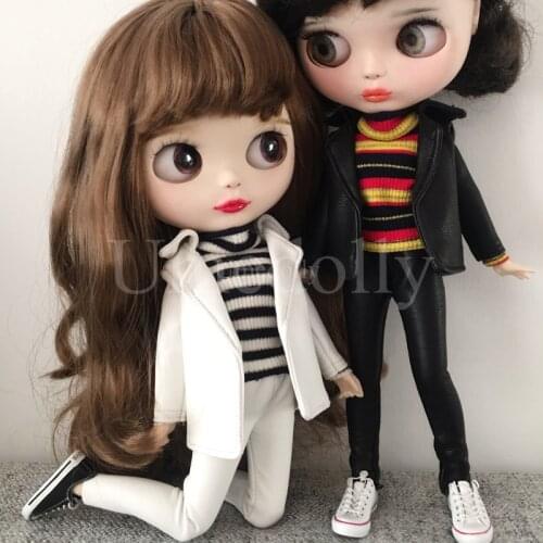 Cool PU Leather 1/6 Blyth Doll Pants Coat Clothes for Barbies Doll Turtleneck Sweater Clothing Accessories