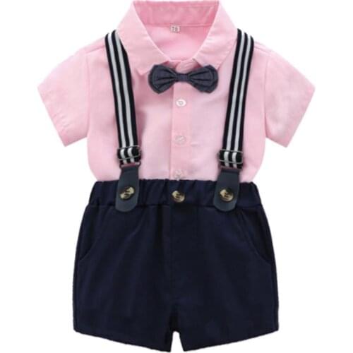 Summer Toddler Boys Sets Gentleman Suit Kids Short Sleeve Bow Tie Pink Shirt+Suspenders Shorts Casual Baby Boy Clothes L912