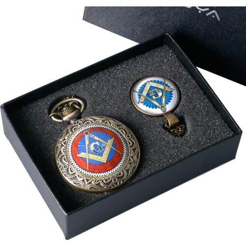 Freemasonry Chrome Square and Compass Mason Quartz Pocket Watch Chain Pendant Watches Birthday Christmas Gifts Set for Men Women