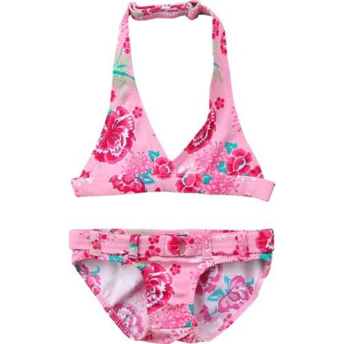 Cute Girls Bikini Set New Kid Baby Girl Pink Floral Printed Bikini Childrens Backless Swimwear Swimsuit Bathing Suit Beachwear