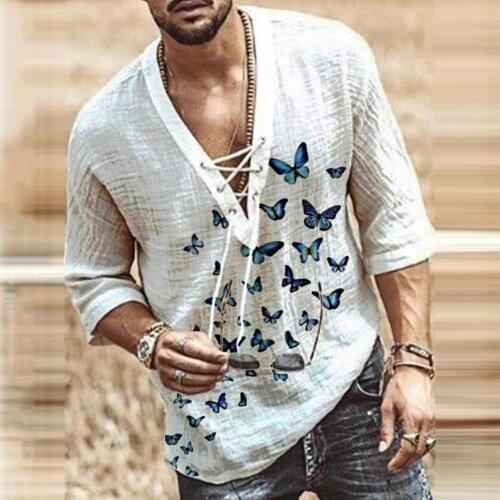 80% Dropshipping!!Men Shirt Butterflies Printed V Neck Top Front Lace Up Middle Sleeve T-shirt for Vacation