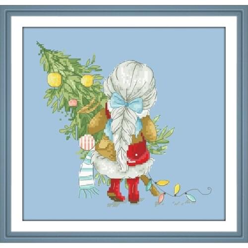 Girl hugging christmas tree cross-stitch kit X-mas pattern 18ct 14ct 11ct counted skyblue canvas embroidery DIY needlework