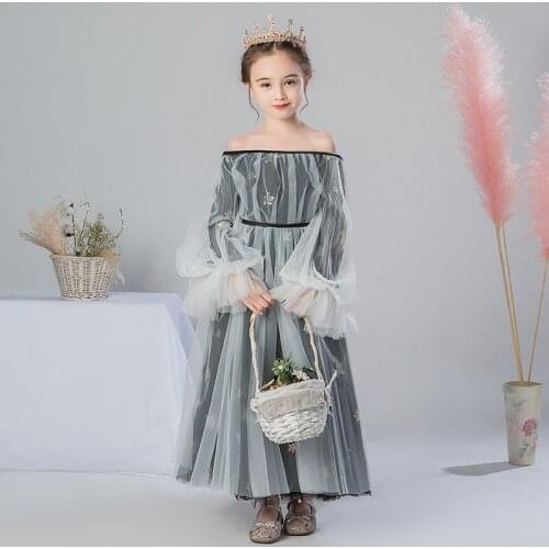 Flower Girl Dresses Illusion Boat Neck Full Sequined Off The Shoulder Princess Floor-Length Tulle Lace Gray Kids Party Gown H654
