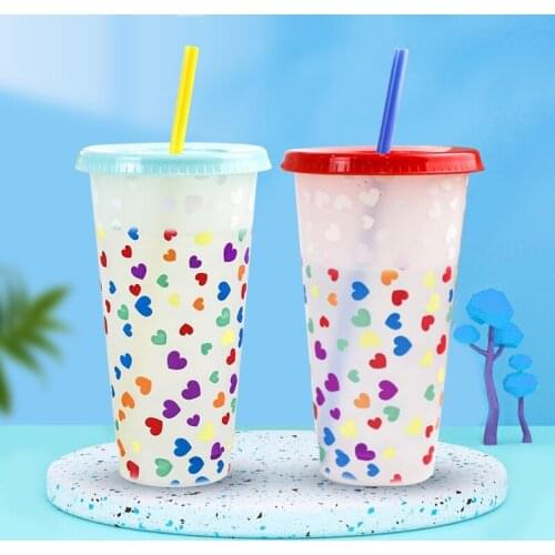 710ml Straw Cup With Lid Color Changing Love Pattern Plastic Coffee Cup Water Bottle With Straw Kitchen Drinkware Coffee Mug