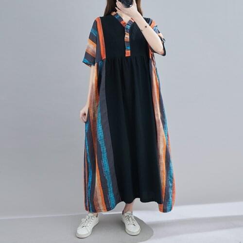 Plus Size 5XL 6XL Loose Summer Dress Patchwork Print Thin Soft Cotton Linen Vintage Dress Women Holiday Travel Casual Long Dress