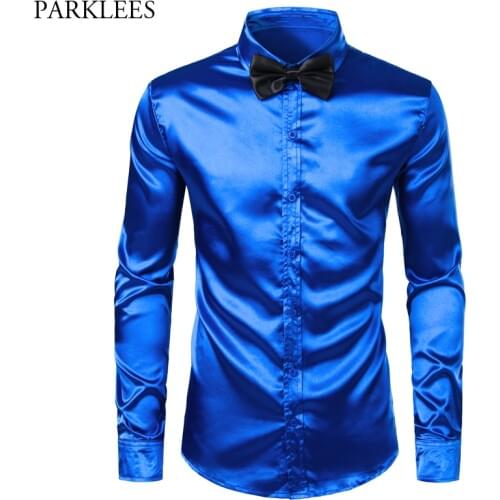 Royal Blue Silk Dress Shirt Men Chemise 2019 Satin Smooth Men Party Prom Shirt Busienss Wedding Male Casual Shirt With Bow Tie