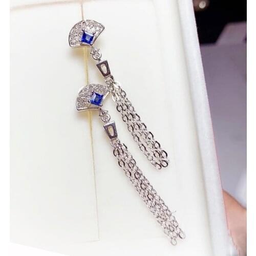 CoLife Jewelry Chinese Style Fan Earrings 3mm Natural Sapphire Earrings 925 Sivler Sapphire Stud Earrings Gift for Woman