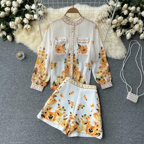 Spring Autumn Women Long Sleeve Retro Floral Print Thin See-through Shirts + Wide Leg Shorts Two Piece Set Female Suits Outfit