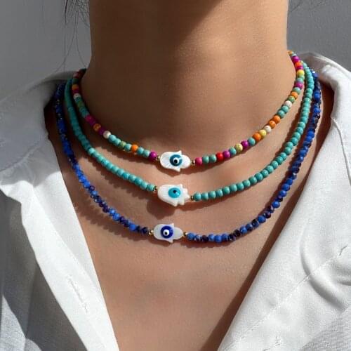 Boho Evil Eye Natural Shell Beaded Necklace For Women Colorful Turquoise Bead Strand Choker Collar Girl Summer Vacation Jewelry