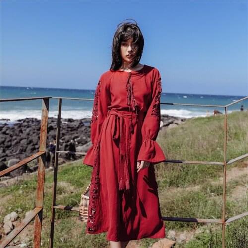 Bohemian Vintage Embroidery Lace Hollow Out Women Dresses Luxury Red Wine O-neck Beach Holiday Loose Mid-Calf Girl Dresses