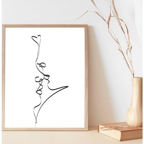 Abstract Couple Kiss Single Line Drawing Print Love Black White Poster Wall Art Canvas Painting Decor Romantic Gifts Bedroom