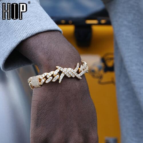 Hip Hop 19MM Iced Out Bling CZ Heavy Rock Thorns Box Buckle Cuban Link Cubic Bracelet For Men Jewelry With Solid Back