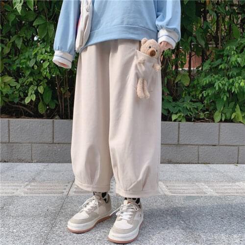 Japanese Straight Wide-Leg Pants Womens 2021 Spring Autumn New Korean Student Loose Soft Girl Patch Bear Cropped Trousers Cute