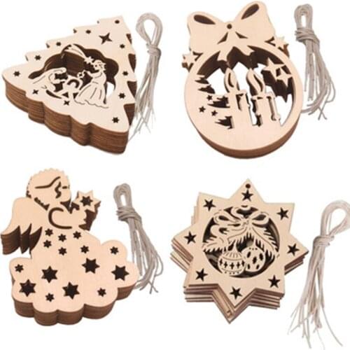 Wooden Snowflakes Hanging Decoration Christmas Ornament Christmas Tree Pendant Xmas Bell Wood Craft 10 Pcs/bag