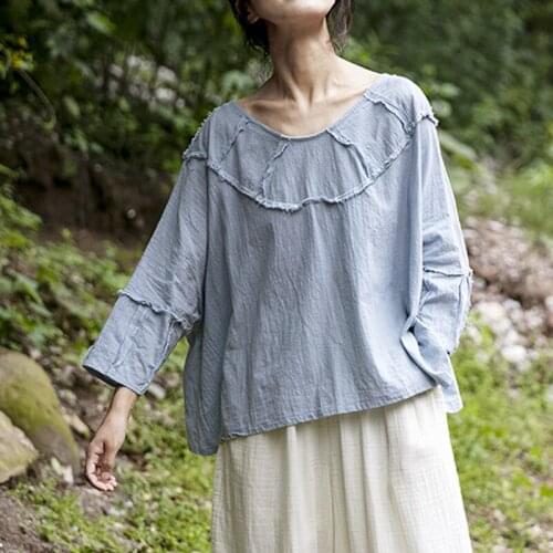 FairyNatural Ladies Retro 2021 Summer T-Shirts O-Neck Patchwork New Solid Color Women Loose T-Shirts Tees Seven Sleeve