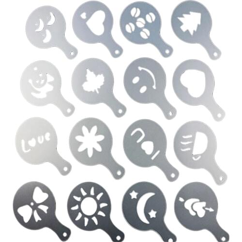 16pcs-set Coffee Latte Mold Cappuccino Milk Froth Powdered Pattern Spray Flower Love Smile Sun Print Coffee Stencils