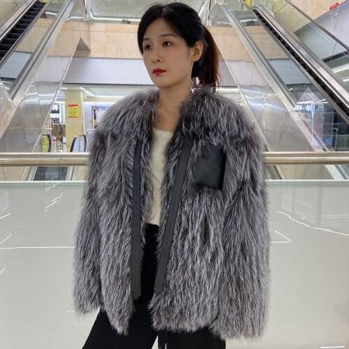 Natural Fur Jacket Female Real Silver Fox Fur Coat Sheepskin Collar Winter Warm Thick Fur Overvoat Women High Quality Outwear