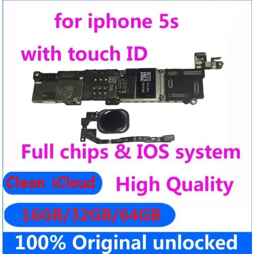 Clean icloud Unlocked 16GB 32GB 64GB Motherboard for iphone 5s with / without touch ID for iphone 5s mainboard High quality