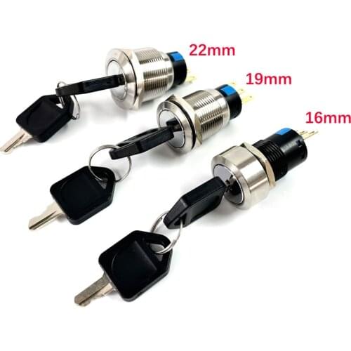 16mm 19mm 22mm Metal Rotary Key Switch 2 3 Position, Waterproof Stainless Steel Push Button Lock Switch Latching 1NO1NC