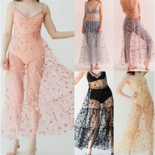 Sweet Women Girls Mesh Sheer See-through Sling Bikini Cover Up Sleeveless Sequins Star Print Strap Long Dresses Beachwear