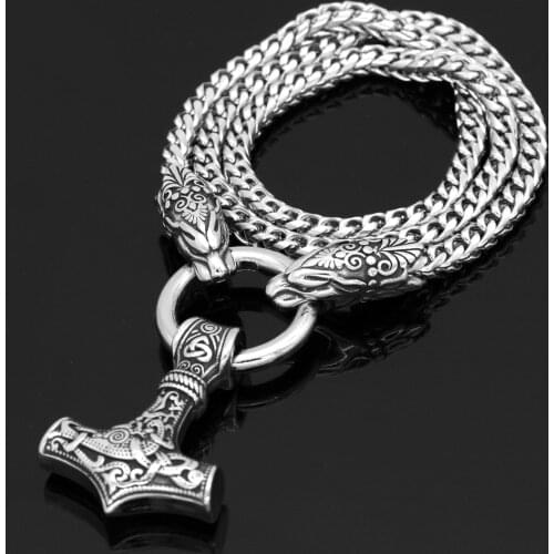 Men stainless steel viking oidn wolf head with thor hammer MJOLNIR pendant necklace -Dragon Chain