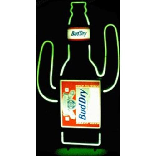 Bud Dry Cactus Beer Bottle Neon Sign Handmade Real Glass Tube Bar Store Home Decoration Display Neon Signs Printed Board 10"X17"