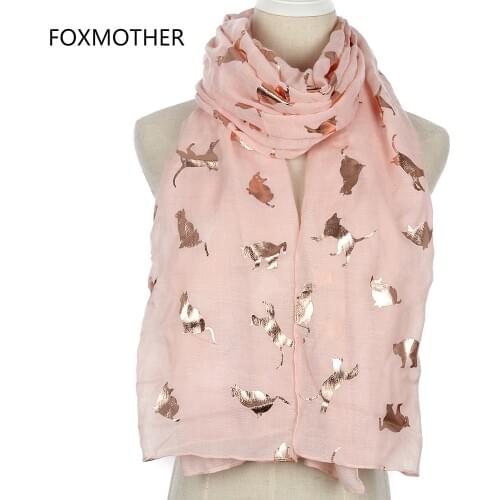 FOXMOTHER New Design Fashion Shiny Pink Grey Navy Color Foil Gold Metallic Cat Scarf Wrap Shawl Foulard Ladies Mother Gifts