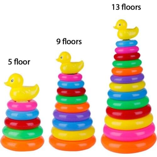 Baby Rainbow Rings Tower Little Duck Stacked Circles Soft Elastic Safe Early Childhood Puzzle Toddler Interactive Stacking Toys
