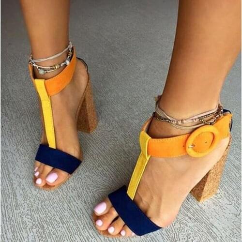 Mixed Color Chunky Heels Sandals T Strap Pachwork Dress Shoes Yellow Blue Strap Wooden Heels Summer Shoes Cut-out Drop Ship