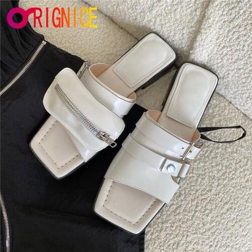 Orignice Top Quality Patent Leather Women Sandals Summer Fashion Square Toe Thick High Heels Zipper Decoration Outdoor Slippers