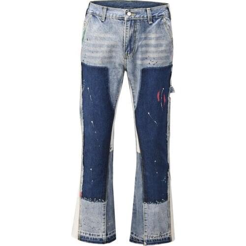 SEVEYFAN 2021 Mens Fashion Painted Patchwork Flared Jeans Loose Wide Leg Denim Pants for Male