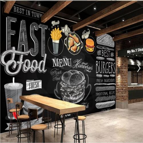 Modern Burgers Restaurant Wall Paper 3D Blackboard Hand-painted Western Fast Food Catering Background Wall Mural Wallpaper 3D