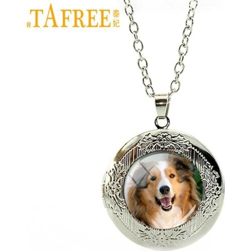 TAFREE Long Haired Collie Necklace honest and faithful dog locket vintage handmake dome round glass fashion lovely jewelry DG34