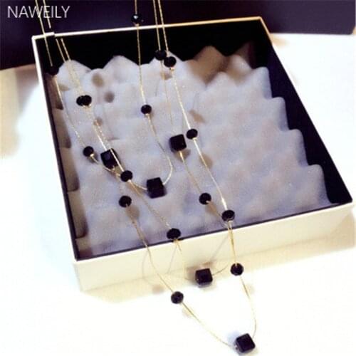 New Fashion Lrregular Black Crystal Necklaces For Women Gold Color Metal Multi-layer Chains Long Necklace Sweater Necklace