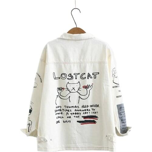 Merry Pretty Wome Denim Jackets Cartoon Cat Print White Basic Jackets 2020 Winter Long Sleeve Turndown Collar Outerwear Coats