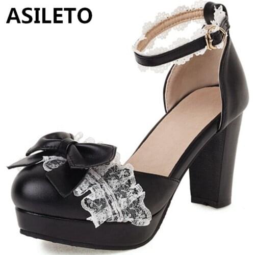 ASILETO New 2021 Ladies Sandals Round Toe Flower High Spike Heels Bowknot Platform Lace Solid Color Comfy Date Nonslip A4071