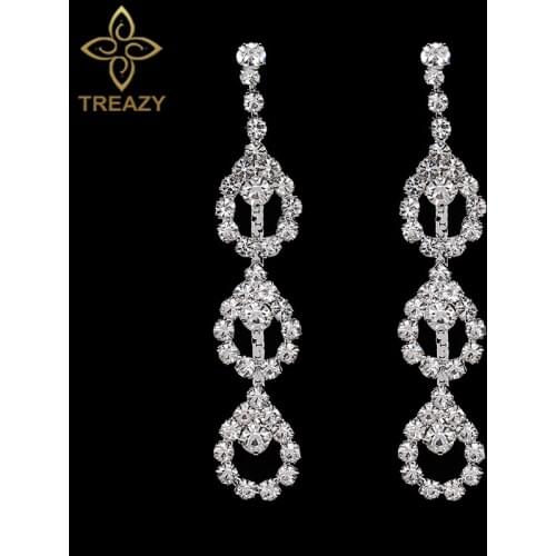 TREAZY Shinning Rhinestone Crystal Teardrops Long Drop Earrings for Women Bridal Wedding Party Hanging Dangle Earrings Brincos
