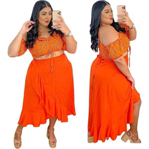 2021 Summer Women Plus Size Two Pieces Hottest Ladys Sexy V-neck Hollow Out Lace-up Tops High Waist Split Mid-Calf Skirts Sets