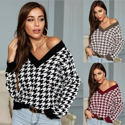 Autumn and Winter New Womens Clothing Sweater Loose V-neck Sexy Long-sleeved Houndstooth Jacquard Base Knitted Ladies Top WY19