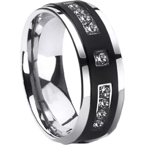 8mm Men Simple Ring Atmospheric Black White Inlaid Crystal Rings Wedding Engagement Band Cocktail Party Jewelry For Men
