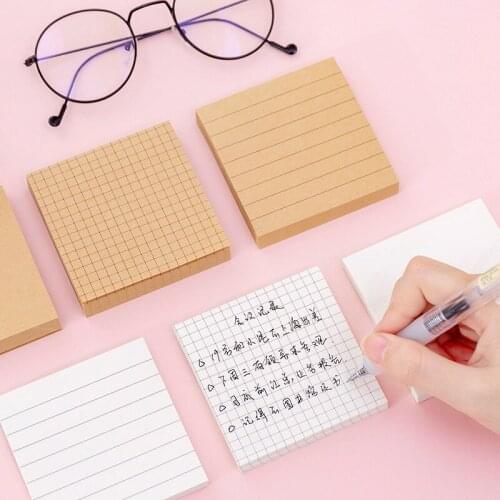 80Sheets/pack Self-Stick Notes Pad,3 X3 In, Kawaii Kraft Paper Blank & Grid Design Memos for Office, School and Home Stationery