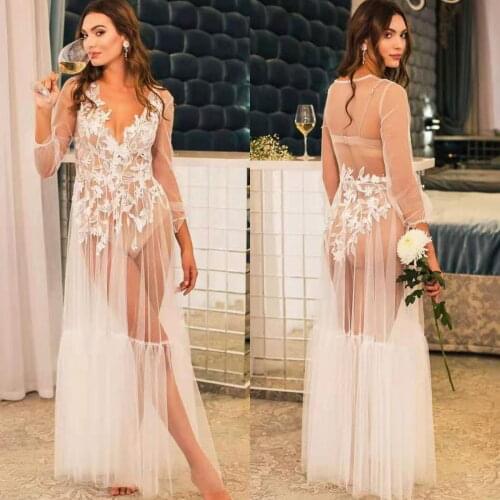 White Bridal Dressing Gown Women Sleepwear Honeymoon Lingerie Lace Robe Long Sleeve Bathrobe Nightwear Babydoll Dress Boudoir