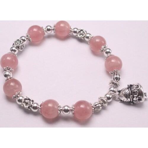 Real Silver 925 Bracelet Chain For Women Girl Silver Small Beads 10mm Pink Crystal Beads Lucky Bag Cat Bracelet 17cmL Charms Cat