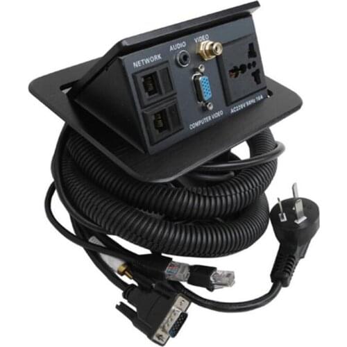 Black Multimedia Pop Up Electrical Sockets With AC Universal outlets+ 3.5 Audio+ Video+ VGA+ RJ45 network office cinema socket