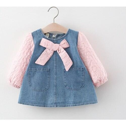 Sweet Autumn Girls Kids Princess Jeans Dress Children Baby Infants Fashion Outfits Long Sleeve Bow Dresses Vestidos S12836