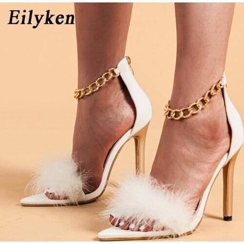 Eilyken New Sexy Pointed Toe Feather Sandals Women Fashion Metal Chain Cover Heel Zipper Thin High Heels Female Gladiator Shoes