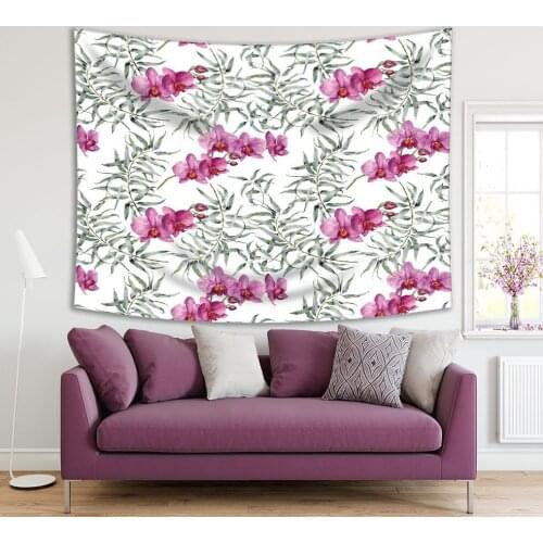 Tapestry Eucalyptus and Orchids Exotic Flowers Plants Branches Leaves Watercolor Tropic Pattern Printed Pink Green